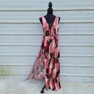NWT IRIS Feather Print Sleveless MAXI DRESS Two SLITs Jersey Stretch sz M
